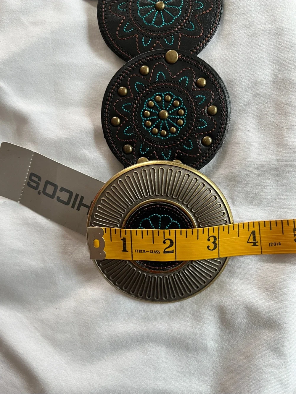 Chico’s VTG  NWT Mesa slouch belt black teal leather conchos brass round buckle